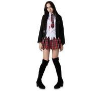 Costume d'écolière zombie pour femme - Uniforme d'écolière noir et tartan taché de sang avec bords tachés - Costume d'Halloween pour adultes