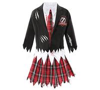 Costume d'écolière zombie pour filles - Uniforme scolaire taché de sang noir et tartan avec bords en lambeaux - Déguisement d'Halloween pour enfants
