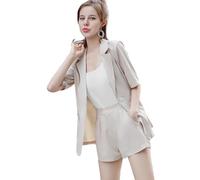 Costume décontracté de couleur unie trois pièces en polyester élasthanne pour femme 3 blazer tenue tenue à manches courtes ouvert sur le devant débardeur sans manches abricot XL