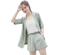 Costume décontracté de couleur unie trois pièces en polyester élasthanne pour femmes, tenue 3 blazers, tenue à manches courtes, ouvert sur le devant, débardeur sans manches, vert, L