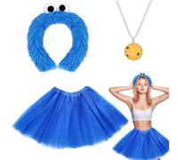Costume Déguisement Monstre à Miettes Femme + Serre-tête Oreilles Yeux Rigolos + Collier Biscuit + Jupe Tulle Bleue Taille Unique Déguisement Carnaval Halloween