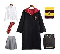 Costume Déguisement Uniforme Hermione Granger Gryffindor pour Enfants avec Cape, Cravate, Écharpe, Baguette Magique, Ensemble pour Fans de Films, Déguisement pour Carnaval, Halloween, Noir