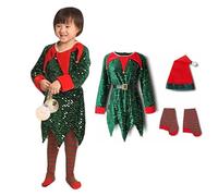 Costume d'elfe de Noël 3 pièces pour enfants, garçons et filles, robe à paillettes avec chapeau d'elfe, bas longs rayés pour fête, cosplay, Noël, costume festif, costume de Père Noël, elfes de Noël