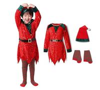 Costume d'elfe de Noël 3 pièces pour enfants, garçons et filles, robe à paillettes avec chapeau d'elfe, bas longs rayés pour fête, cosplay, Noël, déguisement festif, costume de Père Noël, lutins de