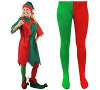 Costume d'elfe de Noël pour femme - Tunique rouge/verte + chapeau de lutin avec pompon + collants vert/rouge - Grotte du Père Noël coquine (48/50)
