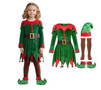 Costume d'elfe de Noël pour fille - Robe de princesse élégante pour enfants de 5 à 11 ans - Tenue de fée 5 pièces pour spectacle de fête, costume de bouffon amusant avec chapeau d'elfe, chaussettes