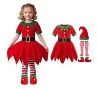 Costume d'elfe de Noël pour fille - Robe de princesse élégante pour enfants de 5 à 11 ans - Tenue de fée 5 pièces pour spectacle de fête, costume de bouffon amusant avec chapeau d'elfe, chaussettes