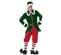 Costume d'elfe de Noël pour homme - Costume de Père Noël de luxe pour adultes - Costume de vacances et d'Halloween - Ensemble de 6 pièces avec manteau, chapeau, pantalon, ceinture (homme vert, taille