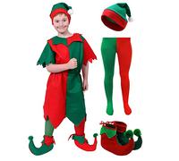 Costume d'elfe pour garçon - Grande tunique rouge et verte, chapeau d'elfe avec pompon, collants rouges et verts et bottes d'elfe - Grotte d'elfe du Père Noël coquine