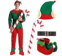 Costume d'elfe unisexe pour adulte - Haut vert, pantalon rouge, ceinture, canne à sucre d'orge gonflable, chapeau d'elfe avec oreilles et chaussures à pompons de luxe - Déguisement de Noël coquin