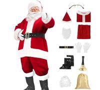 Costume Deluxe Père Noël Homme 11 Pièces - Velours et Fourrure, Tailles S-XXXXL pour Soirées de Noël et Animations
