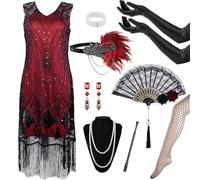 Costume des années 20 pour femme, robe Charleston des années 1920, col en V des années 20, avec accessoires des années 20, avec bandeau à rabat, gants, collier de perles, boucles d'oreilles, pour