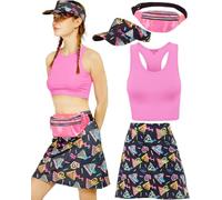 Costume des années 80 et 90 pour femme - Survêtement rétro - Tenue de sport - Jupe crop top - Sac banane - Chapeau pare-soleil - Costume de carnaval, Couleur : rosé, L