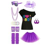 Costume des années 80 pour femme - Ensemble haut et jupe Tutu à épaules dénudées, complet avec accessoires | Tenue de fête rétro longue durée comprenant un bandeau et des bracelets à chaîne pour