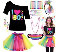 Costume des années 80 pour femmes et filles - Ensemble d'accessoires avec t-shirt, jupe, tutu, sac, gants, bandeau, boucles d'oreilles, collier, bracelets pour femmes et filles à thème rétro