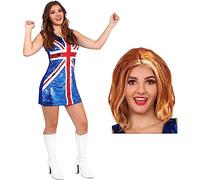 Costume des années 90 Pop Icon Union Jack à paillettes - Déguisement de groupe des années 90 - Robe Union Jack à paillettes + perruque gingembre - Icônes de musique et déguisement Brit Pop (taille S