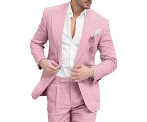 Costume d'été Formel pour Homme, Ensemble Blazer et Pantalon Slim en Lin et Coton, Deux pièces, Rose, Taille M. Idéal pour Les garçons d'honneur Lors d'un Mariage ou d'un événement Professionnel.