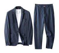 Costume Deux pièces en Lin pour Homme, Coupe Classique, Revers Pointus, Taille 3XL, Bleu, idéal pour Les garçons d'honneur Lors d'un Mariage d'été à la Plage ou d'un Mariage.