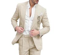 Costume Deux pièces en Lin pour Homme, Coupe Slim, idéal pour l'été, la Plage, Les Mariages et Les bals de Fin d'année. Blazer et Pantalon décontractés, Couleur Abricot, Taille 6XL.