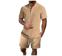Costume Deux pièces pour Hommes élégant et Moderne Ensemble boutonné à Manches Courtes avec col Officier et Short Ample pour Un Style décontracté et sophistiqué (Khaki, XXXL)