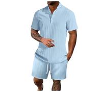 Costume Deux pièces pour Hommes élégant et Moderne Ensemble boutonné à Manches Courtes avec col Officier et Short Ample pour Un Style décontracté et sophistiqué (Light Blue, XXXL)