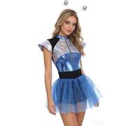 Costume d'extraterrestre de l'espace pour femme, tutu métallique à jupe extraterrestre pour Halloween, col montant, robe de danse avec jupe bandeau extraterrestre (taille XL)