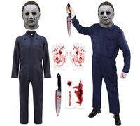 Costume d'Halloween 140 pour enfants, masque complet, cicatrice, tatouages, couteau de sang et gants, tenue de fête à thème d'Halloween