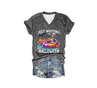 Costume d'Halloween 2025 Femme Unisexe Just Waiting for Halloween T-shirt graphique Squelette T-shirt drôle Halloween, gris foncé, XXL