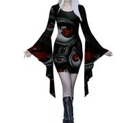 Costume d'Halloween 2025 pour femmes, robe imprimée décontractée, manches fluides, port confortable, élégant, ourlet asymétrique, tenue quotidienne tendance (noir, L) pour femme adulte