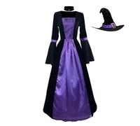 Costume d'Halloween 3 pièces pour femme - Tenue de cosplay - Robe de sorcière médiévale vintage et Renaissance avec chapeau gothique ras du cou - Violet
