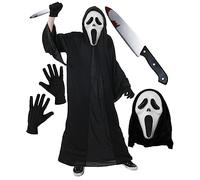 Costume d'Halloween avec masque Screamer pour adultes - Déguisement de film effrayant - Robe noire + faux couteau, masque + gants (taille L)