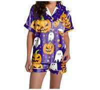 Costume d'Halloween boutonné en satin de soie pour femme - Ensemble de pyjama assorti pour l'automne, Halloween, fantôme, été, vêtements de nuit boutonnés - Ensemble de pyjama léger décontracté à