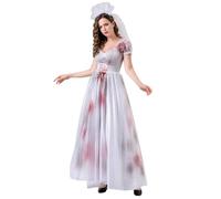 Costume d'Halloween cadavre de mariée pour femme, robe corset en dentelle tachée de sang avec bandeau floral - tenue de costumade vampire (A02#blanc, M)