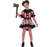 Costume d'Halloween de clown hanté cirque rayures rouges visage effrayant enfants amusants, taille : 140/146 couleur : noir