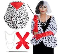 Costume d'Halloween de dalmatite pour femme - Noir et blanc - Étole cruelle dalmatite - Gant rouge des années 1920 - Collier de perles artificielles pour adulte - Pour cosplay