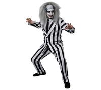 Costume d'Halloween de fantôme fou pour adultes - Taille L - Costume rayé noir et blanc, cravate noire, perruque grise folle, peinture faciale - Costume d'Halloween pour homme des années 1980