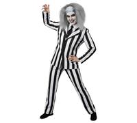 Costume d'Halloween de fantôme fou pour femme - XXL - Costume rayé noir et blanc, cravate noire, perruque grise folle, peinture faciale - Costume d'Halloween pour adultes et femmes des années 80