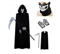 Costume d'Halloween de faucheuse noire - Cape de 180 cm, yeux brillants, masque squelette, gants squelette et faux - Déguisement pour adultes et adolescents