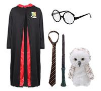 Costume d'Halloween de magicien pour enfants - Taille M - Robe noire, lunettes rondes, cravate rayée, baguette de magicien et hibou en peluche - Déguisement d'Halloween pour garçons et filles