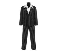 Costume d'Halloween de patron de mafia pour adultes avec costume à rayures fines et chemise blanche à volants avec grand col - Déguisement de gangster