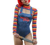 Costume d'Halloween Deux Pièces pour Femmes - Poupée Tueur de Cauchemar Effrayant Voulant Jouer - Chucky (A-Bleu, Taille S)