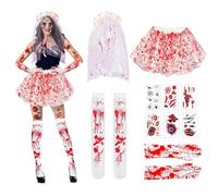 Costume d'Halloween Femme Sang, 12 Pièces Deguisement Zombie Femme Accessoires, Jupe Tutu Sanglante, Gants et Chaussettes, Voile Mariée, Autocollants Cicatrices, pour Hallowe Carnaval Party Cosplay