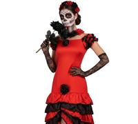 Costume d'Halloween Jour des morts pour femme - Costume Senorita - Robe rumba rouge et noire, roses noires, longs gants en filet, voile de rose et peinture pour le visage pour femme