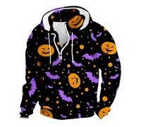 Costume d'Halloween noir à capuche imprimé pour homme avec impression couleur au Royaume-Uni - Pull à manches longues - Jack-O'-Lantern citrouille - Pull à capuche demi-zippé - Fermeture éclair 1/4