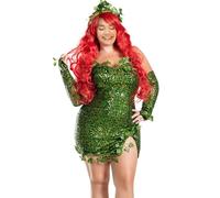 Costume d'Halloween Poison Ivy pour femme, robe à paillettes sans manches avec gants (vert, taille S)