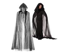 Costume d'Halloween pour adulte - Cape à capuche en tulle pleine longueur - Costume de fantôme de mariée sorcière sorcier - Cape en maille vintage vampire de mariée gothique transparente à capuche
