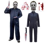 Costume d'Halloween pour adulte - Combinaison tueur en série avec masque intégral - Tatouages de cicatrices - Couteau de sang et gants - Tenue de fête à thème d'Halloween