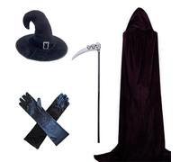 Costume d'Halloween pour adulte en velours luxueux à capuche chapeau de mort et gants de sorcière pour cosplay et fêtes d'Halloween