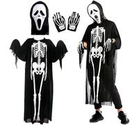 Costume d'Halloween pour Adultes, Costume de Squelette pour Halloween, Comprenant un Masque de Squelette, des Gants Effrayants et une Combinaison, Idéal pour les Fêtes de Carnaval et d'Halloween.