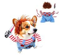 Costume d'Halloween pour chien Chucky avec couteau et perruque - Cosplay amusant pour chiens et chats de petite et moyenne taille (taille M)